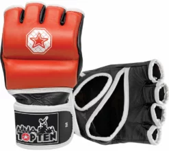 TopTen MMA OFFERS Top Ten Red/Black/White Leather Double-wrap MMA Training Gloves, 2322-RED